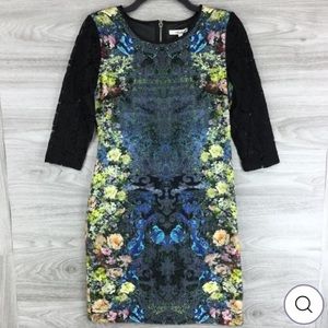 Amelia Floral Print Lace Sleeve Bodycon Dress Size 10